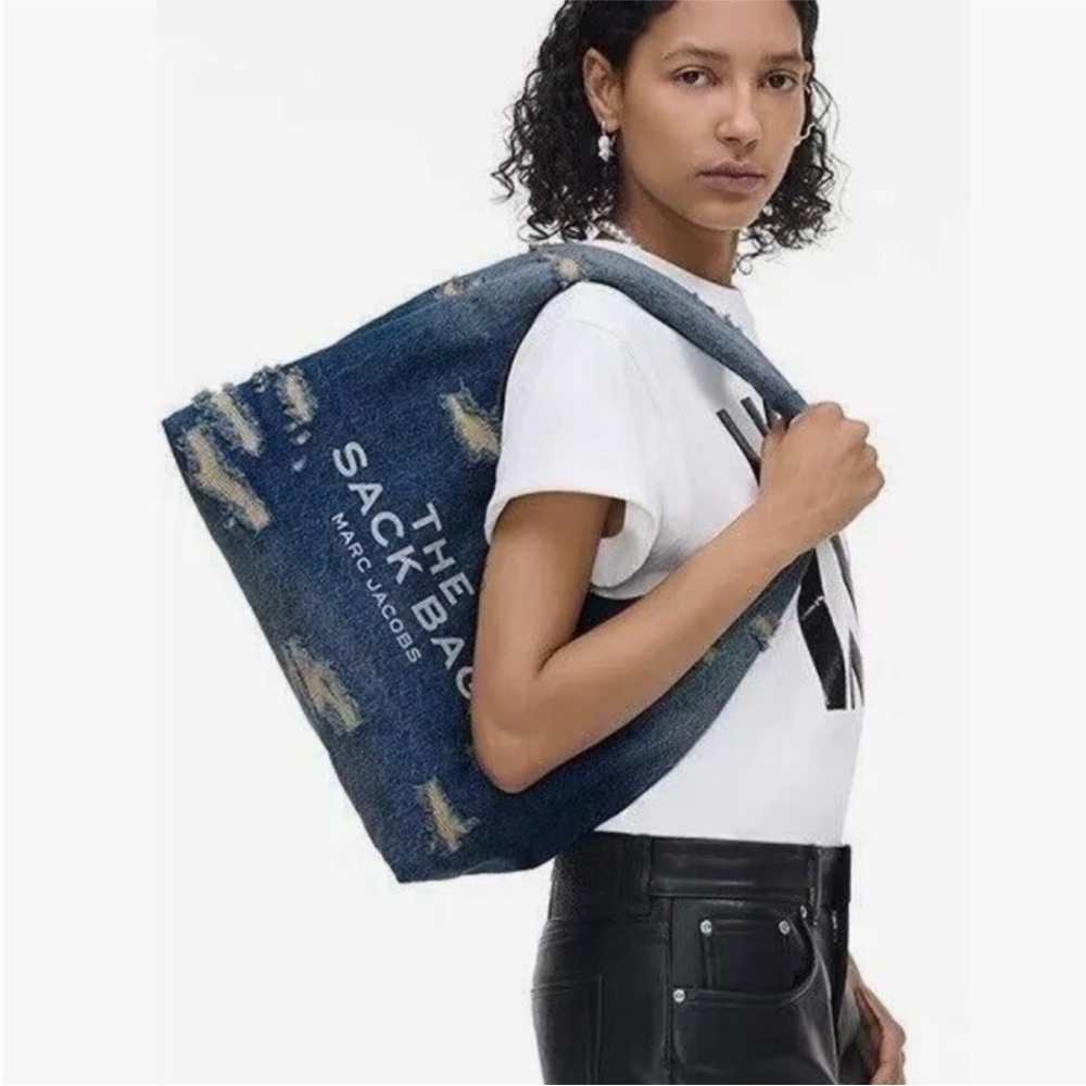 Marc Jacobs Distressed Denim Shoulder Tote in Dark Blue with White Logo